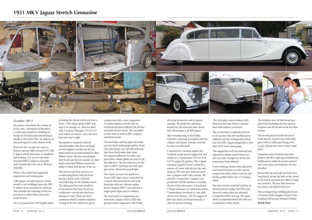 A page about the modifying process of the1951 MK V Jaguar 7 Passenger Stretch Limousine on Jaguar West January 2014 magazine